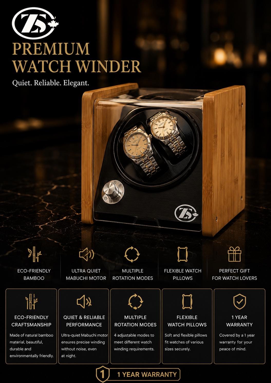 ZOSS Bamboo 2 double watch winder, view 1