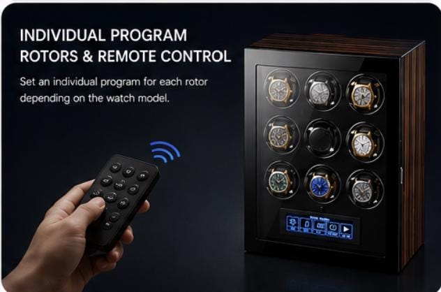Etsy Aura series gallery — Aura nine-watch cabinet with individual rotor control and remote