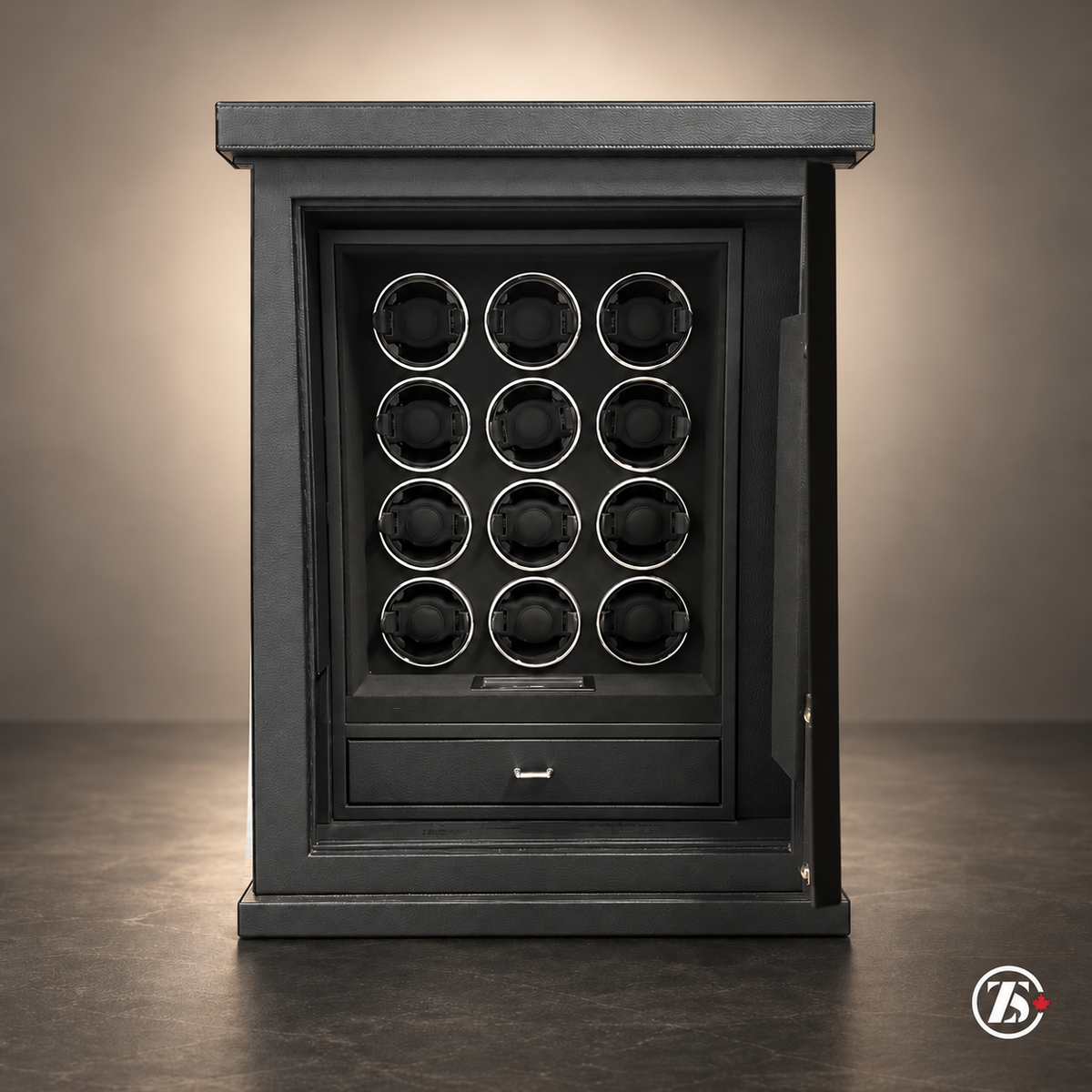 ZOSS Laurentian 12 charcoal watch winder safe with 12 winding positions and one drawer, studio view