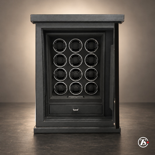 ZOSS Laurentian 12 charcoal watch winder safe with 12 winding positions and one drawer, studio view
