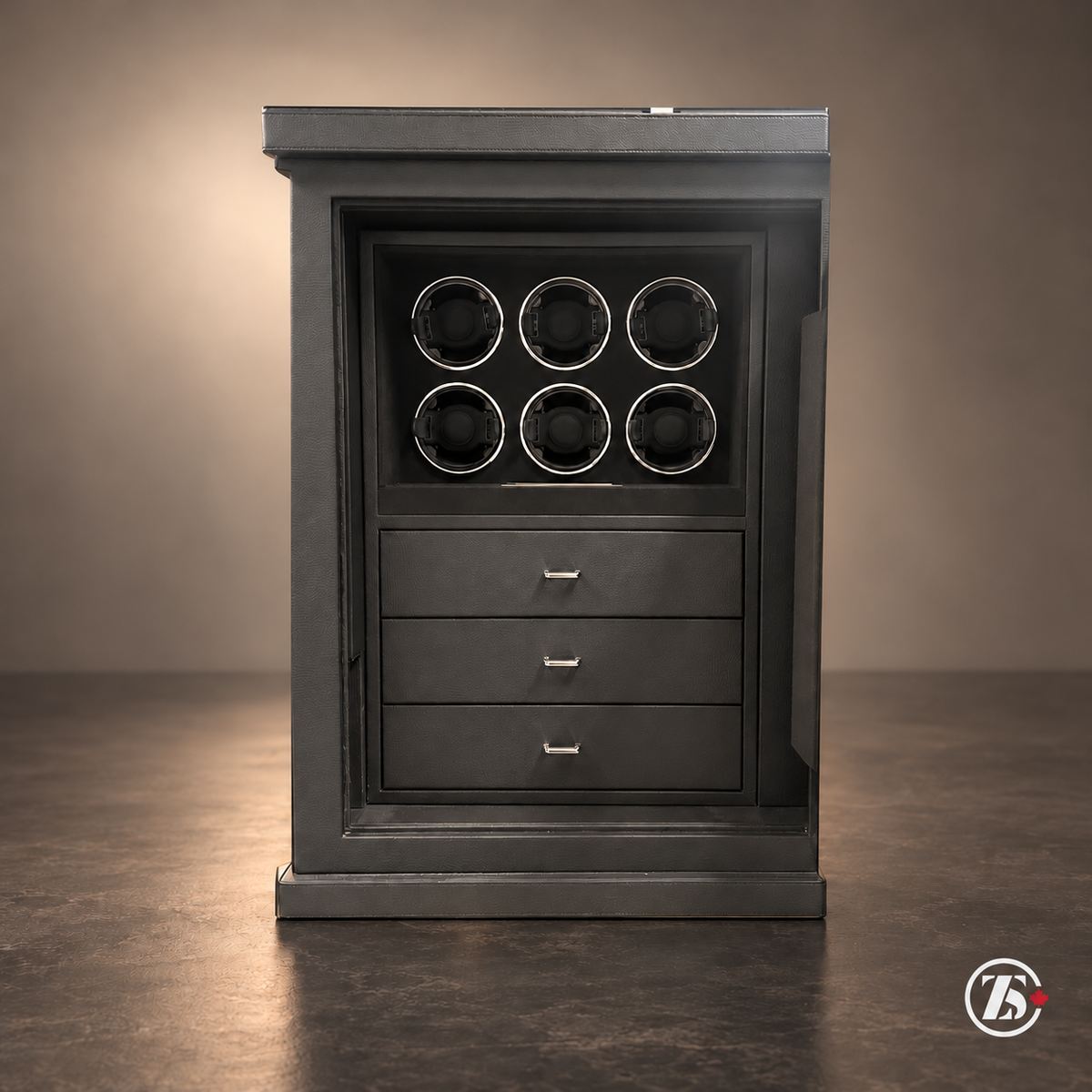 ZOSS Laurentian 6 charcoal watch winder safe with six winding positions and three drawers, studio view