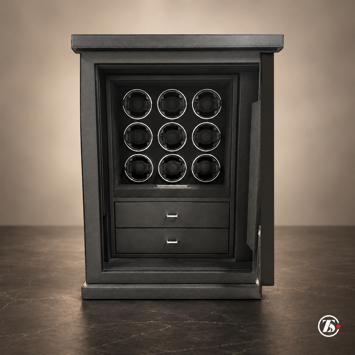 ZOSS Laurentian 9 charcoal watch winder safe with 9 winding positions and two drawers, studio view