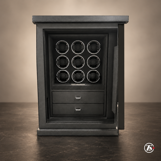 ZOSS Laurentian 9 charcoal watch winder safe with 9 winding positions and two drawers, studio view