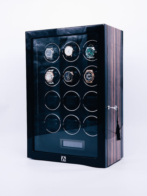 20% off zoss Aura Series Watch Winder for 12 Automatic Watch with Quiet Japanese Motors, Wood Grain Shell, Built-in LED, LCD Touchscreen and Remote