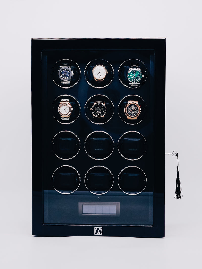 zoss Aura Series Watch Winder for 12 Automatic Watch with Quiet Japanese Motors, Wood Grain Shell, Built-in LED, LCD Touchscreen and Remote