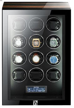 zoss Aura Series Watch Winder for 12 Automatic Watch with Quiet Japanese Motors, Wood Grain Shell, Built-in LED, LCD Touchscreen and Remote