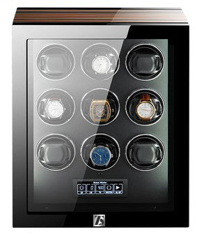Zoss Aura Series Watch Winder for 9 Automatic Watch with Quiet Japanese Motors, Wood Grain Shell, Built-in LED, LCD Touchscreen and Remote