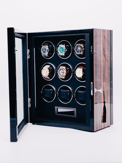 20% off Zoss Aura Series Watch Winder for 9 Automatic Watch with Quiet Japanese Motors, Wood Grain Shell, Built-in LED, LCD Touchscreen and Remote