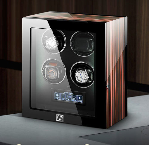 20% off  zoss Aura Series Watch Winder for 4 Automatic Watch with Quiet Japanese Motors, Wood Grain Shell, Built-in LED, LCD Touchscreen and Remote